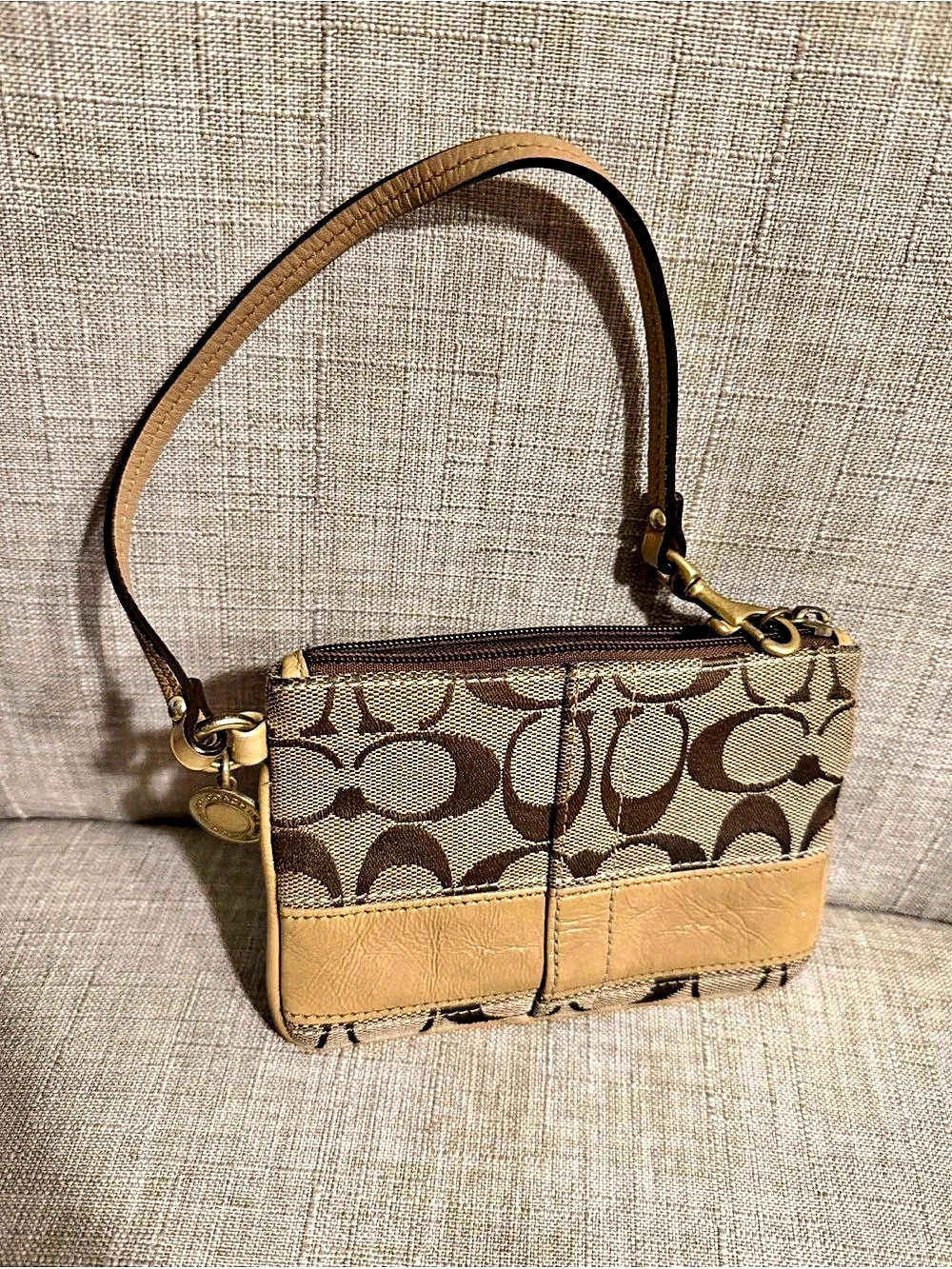 Coach Signature Stripe Corner Zip Wristlet Brown & Tan